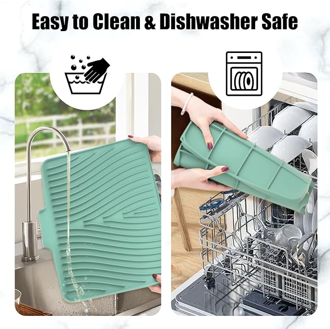 TIKNIK Silicone Dish Drying Mat for Kitchen Counter - Heat Resistant & Non-Slip Dish Drain Pad with Built-In Drain, Dishwasher Safe, Quick-Dry, Hangable & Roll-Up for Storage, Mint-1pcs, 16" x 12"