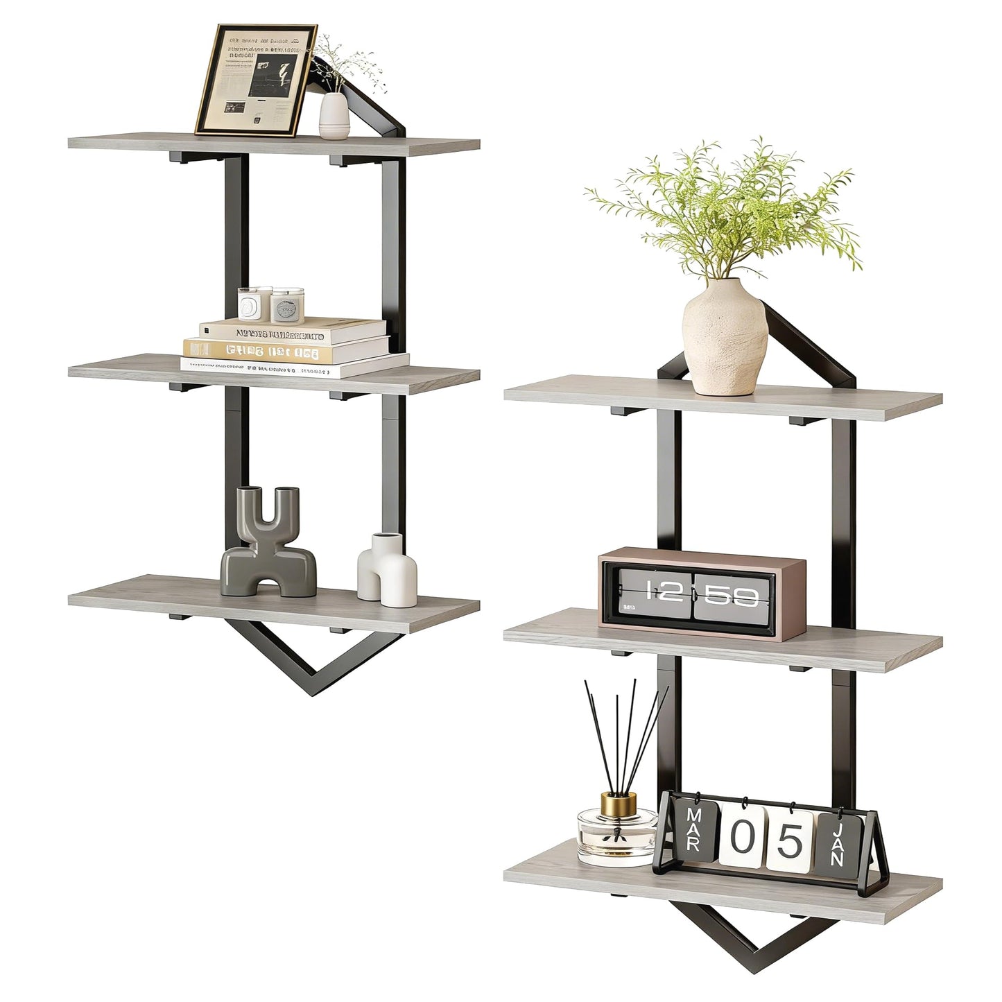 Forjarn 3 Tier Floating Shelves, Set of 2 Wall Shelves for Living Room, Modern Geometric Wooden Shelf for Wall Decor, Hanging Storage Shelf for Bedroom Bathroom Kitchen Home Office (Greige + Black)
