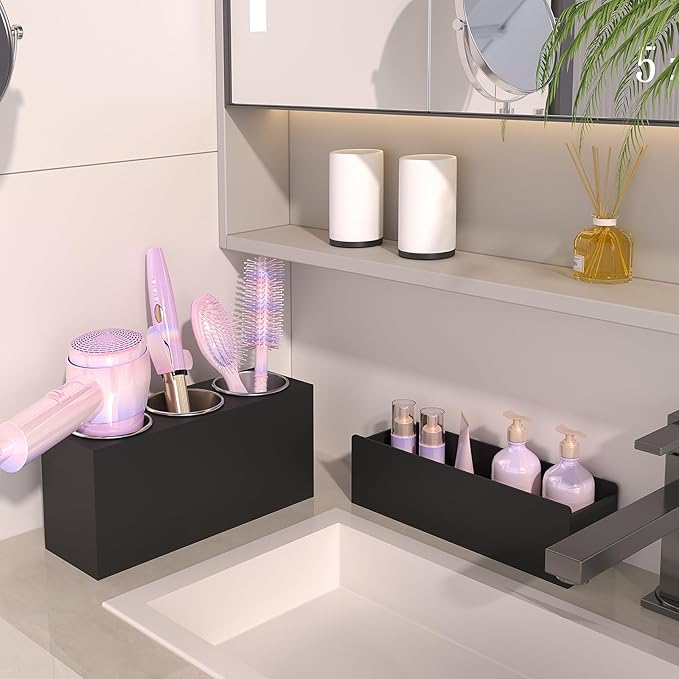 Hair Tool Organizer, Removable Blow Dryer Holder for Bathroom, Hot Tools Organizer For Hair Dryer, Blow Dryer, Curling Iron, Hair Straightener, Bathroom Countertop Organizer, Matte Black