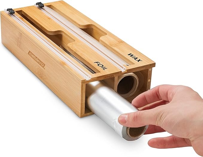 MELDEVO 2 in 1 Wrap Dispenser with Cutter and Labels, Plastic Wrap, Aluminum Foil and Wax Paper Dispenser for Kitchen Drawer, Bamboo Roll Organizer Holder, Compatible with 12" Roll