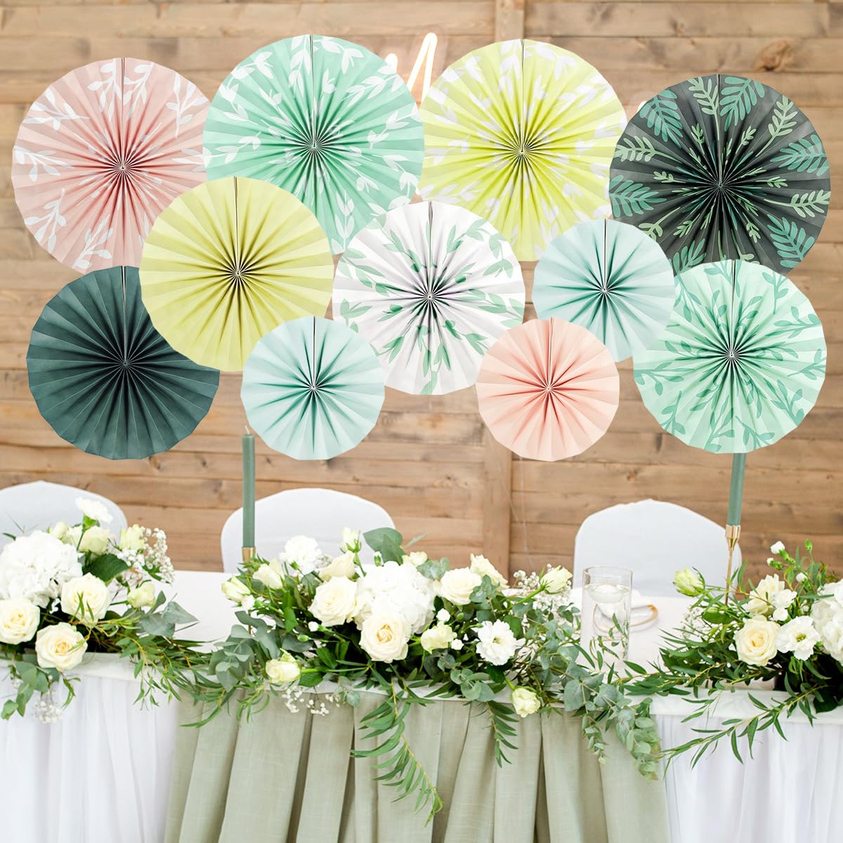 Cadpkler 11 Pcs Sage Paper Fans - Green Bohemian Ceiling Hanging - Perfect for Heme Party, Tea Party, Wedding Party Decoration