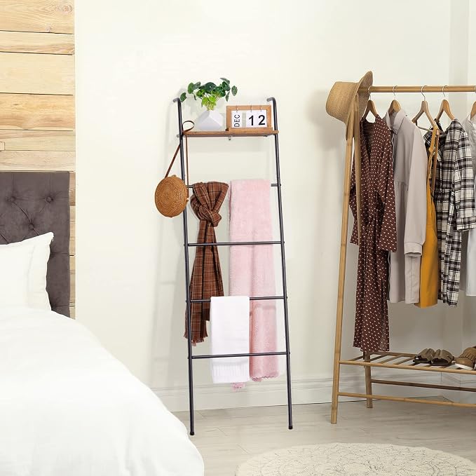 Blanket Ladder 5 Layer Wall-Leaning Blanket Rack with Shelf Decorative Blanket Ladder Shelf Metal Leaning Towel Ladder Rack for Blankets or Quilts for Living Room Bathroom Rustic Black