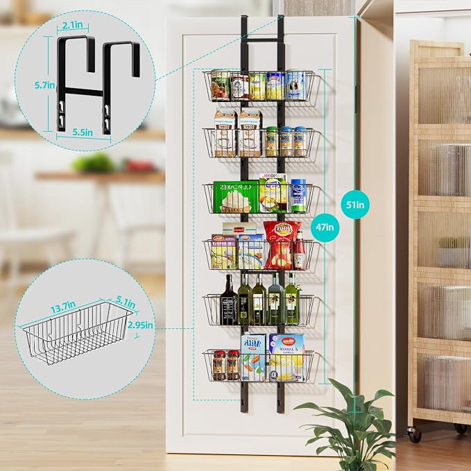 6-Tier Over The Door Pantry Organizer, Metal Hanging Storage Shelf Spice Rack with Adjustable 6 Baskets, Space-Saving Behind Door Organizer for Kitchen, Bathroom, Laundry Room, Black