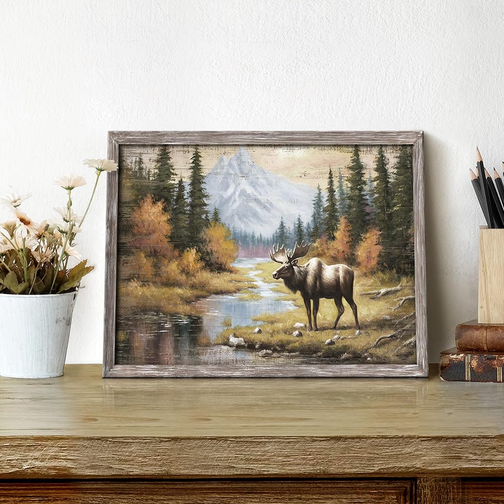 Wildlife Painting Framed Wall Art: Majestic Moose in Forest Picture Rustic Wild Animal Artwork Elk Deer Prints for Living Room Farmhouse Bedroom