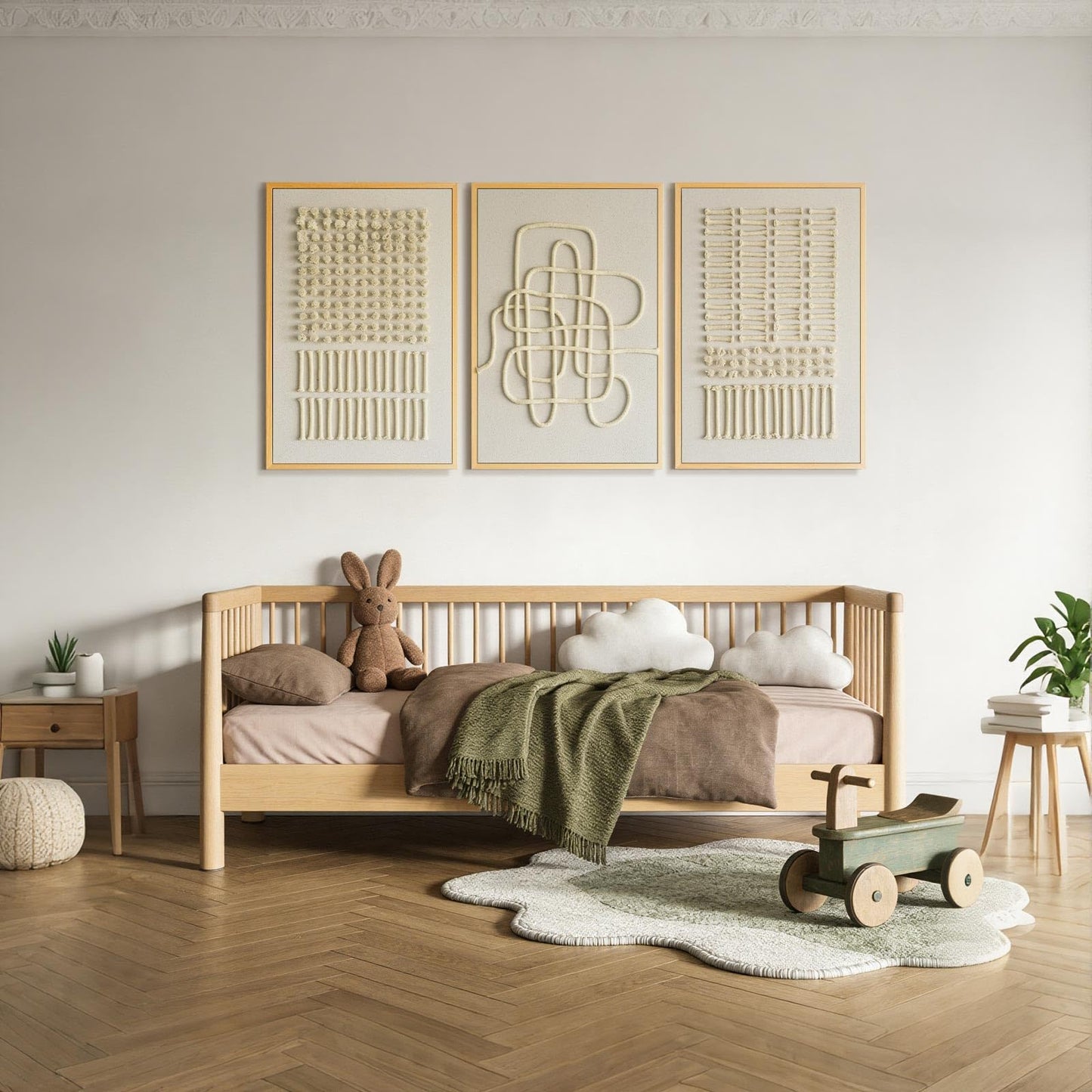 Thalasse 3D Textured Framed Abstract Wall Art Bedroom, 3 Piece Neutral Dot Matrix Curve Tactile Rope String Art Matte Sandstone Artwork, Boho Minimalist Nordic Pictures for Nursery Home Decor 16x24 In