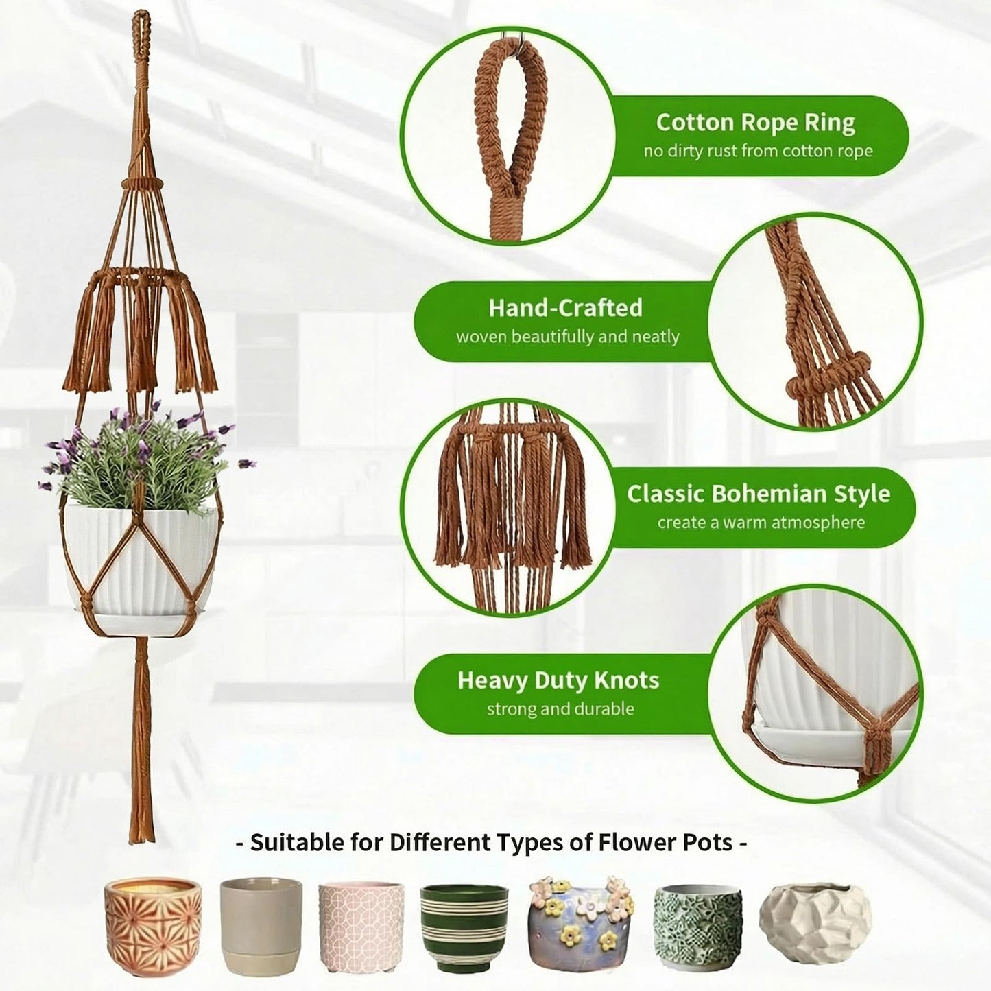 Macrame Plant Hangers 5Pack, Handmade Cotton Rope Hanging Planters for Indoor Plants w/ 5 Set Hooks Hanging Plant Holders Plant Hanger Indoor for Boho Home Decor (Caramel, Planter Pot Not Included)
