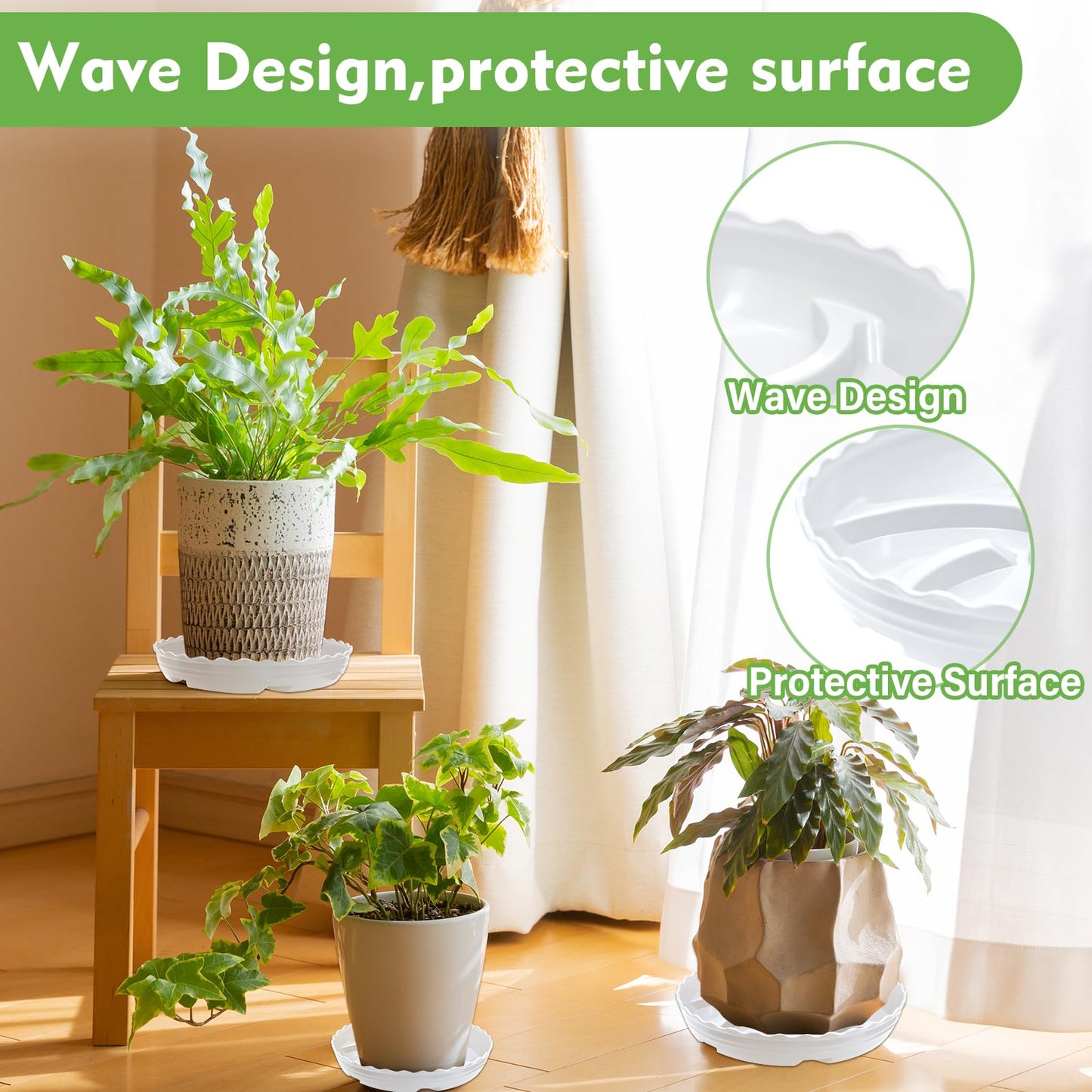 ittyfei 6 Pack 8 Inch Plant Trays for Pots, Raised Ridge Plant Saucers,6 10 12 14 Inch Durable Plastic Plant Pot Saucer,White Round Plant Water Catcher Tray for Indoors (White, 8inch 6pack)