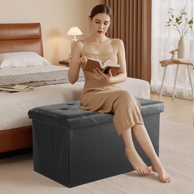 DUMOS 30 Inch Folding Storage Ottoman Bench, Large Hidden Storage Chest withThicker Foam Padded Seat, End of Bed Foot Rest Stool for Bedroom Living Room Entryway, Load 660 lbs, Black