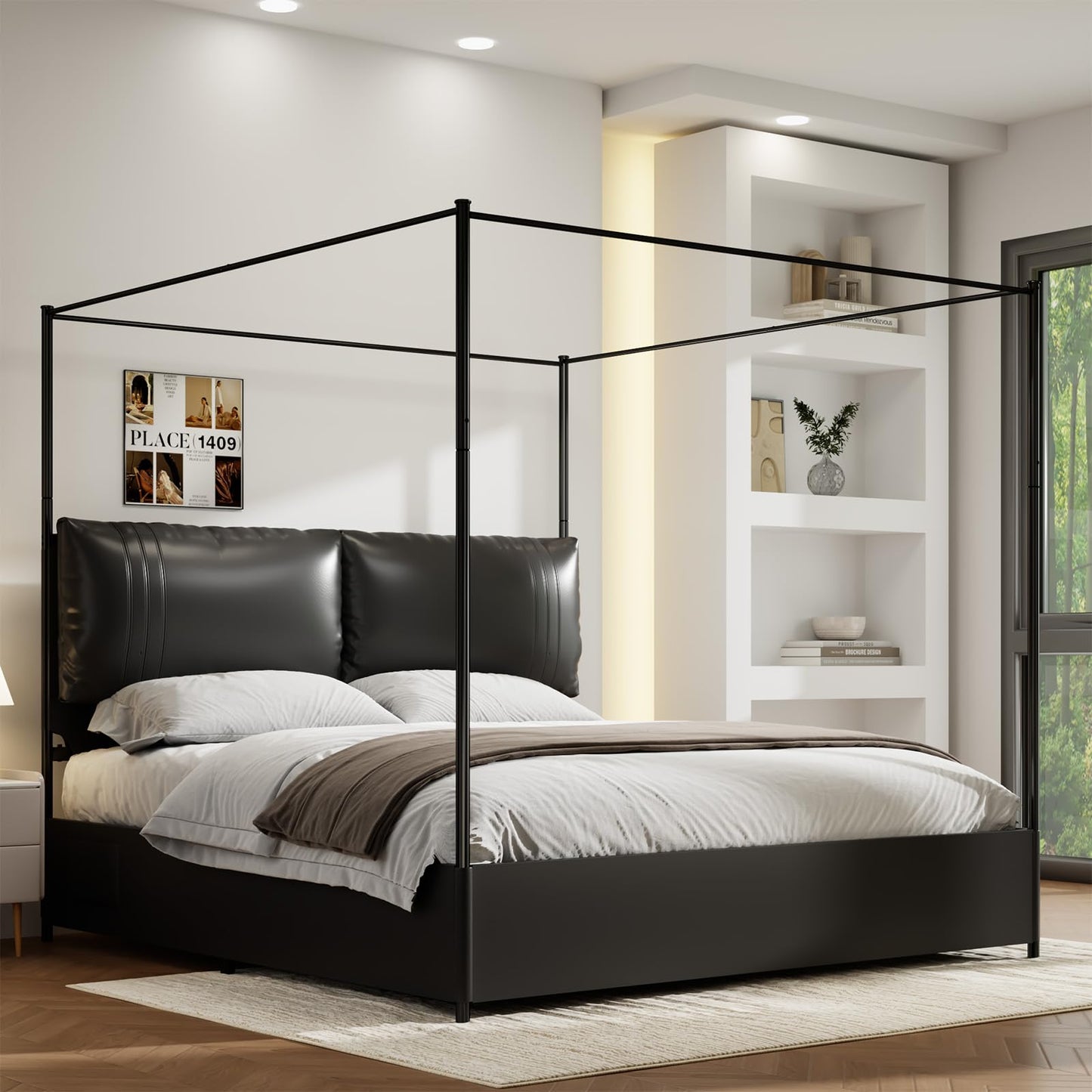SAMTRA Modern Canopy Bed Frame with Upholstered Faux Leather Headboard – Tall Four Poster Metal Platform Bed, No Box Spring Needed, King Size, Black