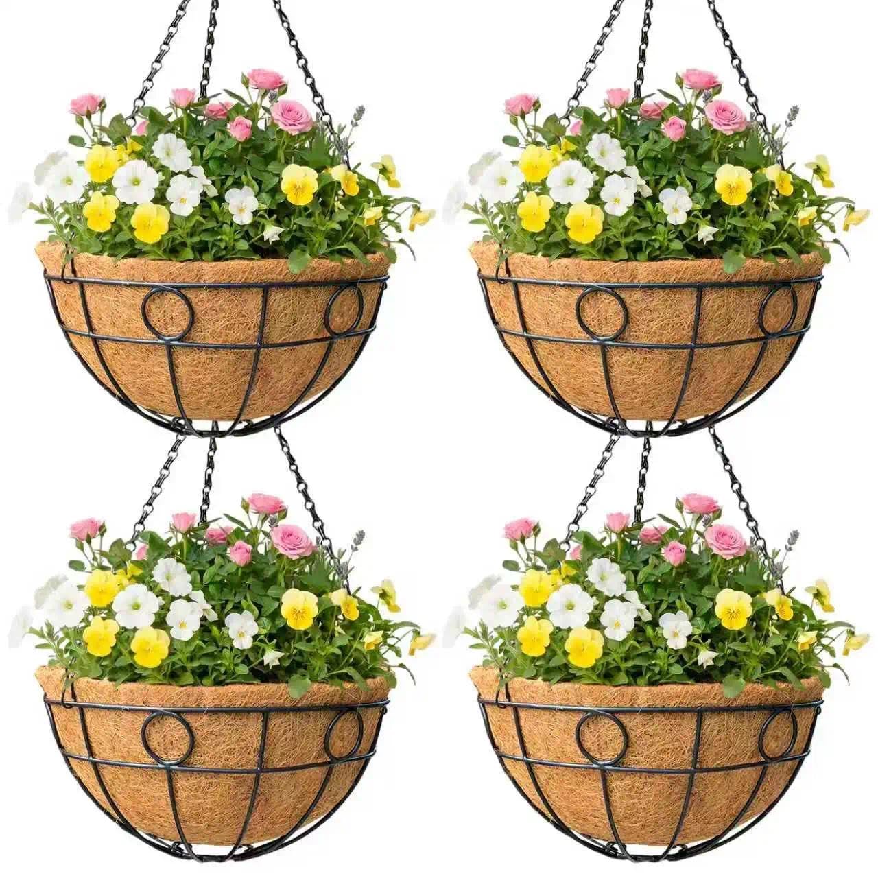 ZVOWOS 4 Pack 14 Inch Black Metal Hanging Planter Baskets with Coco Coir Liner Sturdy Hanging Flower Basket for Outdoor Indoor Garden Porch Patio Balcony Decor (Round)