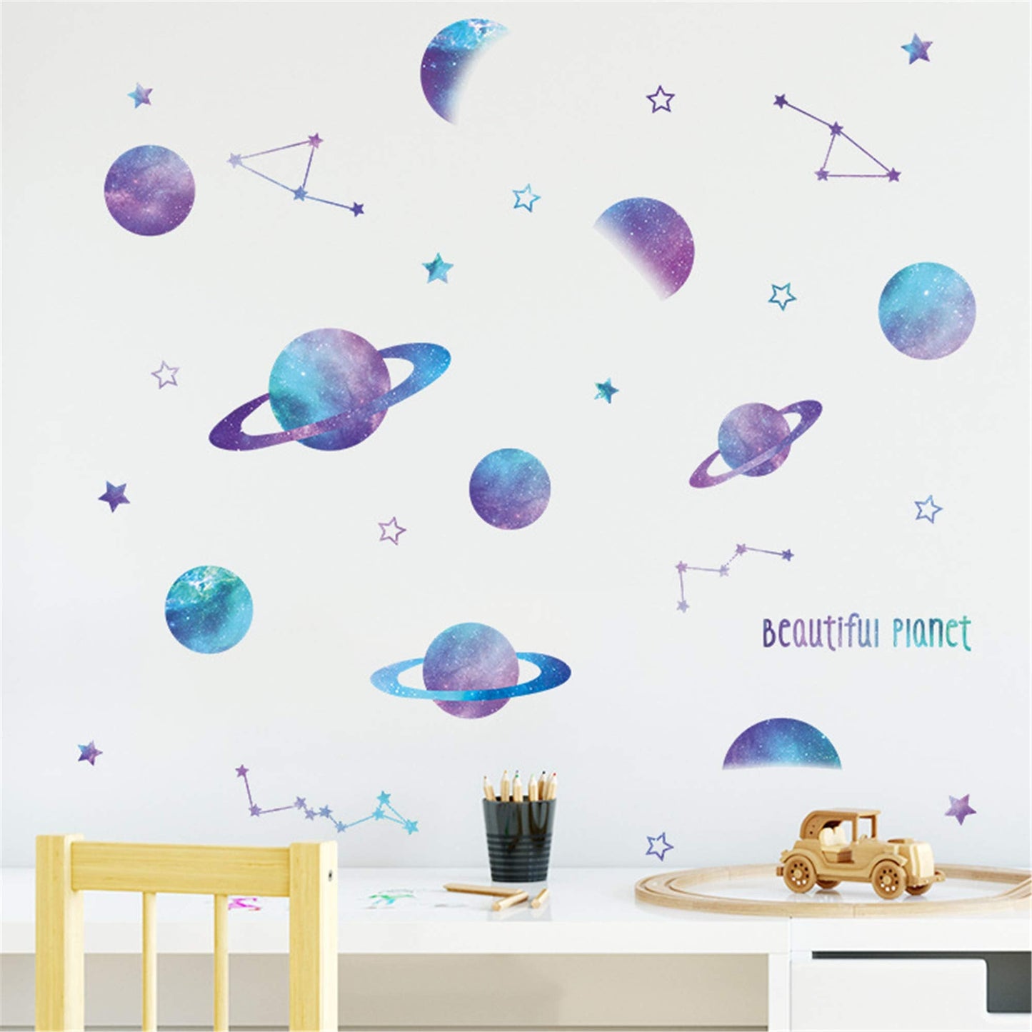 ROFARSO Beautiful Blue Planets Wall Stickers Outer Space Stars Constellation DIY Vinyl Removable Large Wall Decals Art Decorations Decor for Kids Boys Bedroom Living Room Playing Room Murals