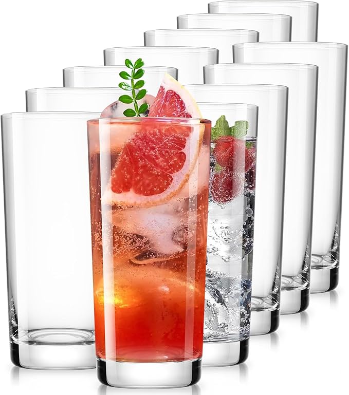 LUNA & MANTHA Drinking Water Glasses Set, Lead-Free Crystal Highball Glass, Tall Glass Cups for Cocktail Parties,Clear set of 12,16oz