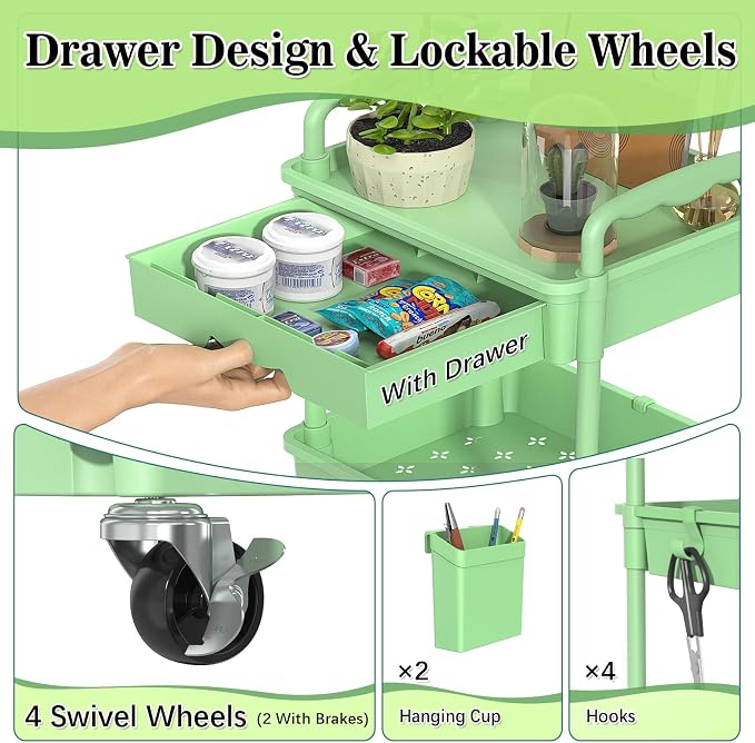 SUNALLY 4 Tier Rolling Utility Cart with Drawer, Storage Organizer Cart with 2 Lockable Wheels, Multifunctional Rolling Storage Cart for Bathroom, Kitchen, Craft, Makeup, Baby Essentials, Green