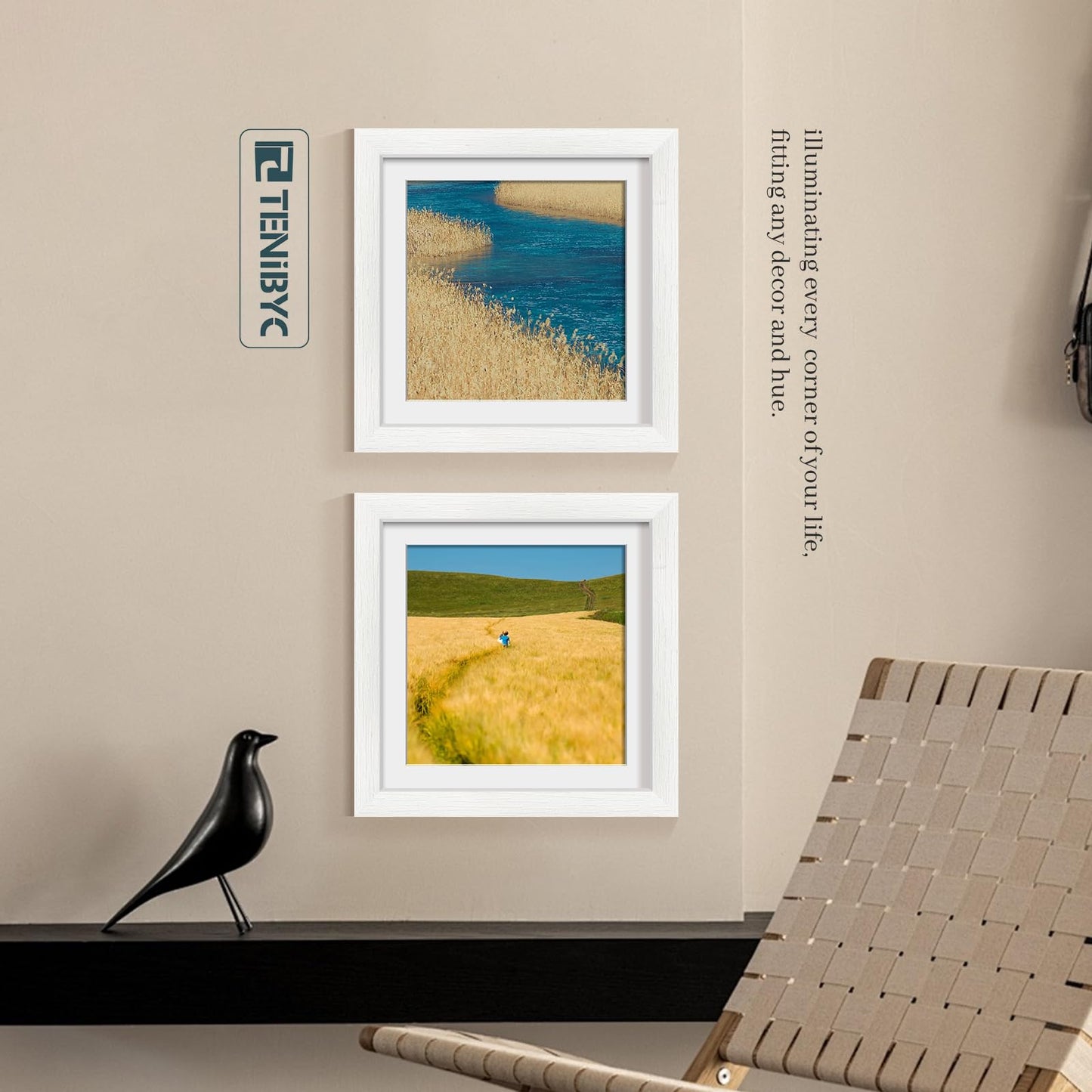 10x10 Picture Frame Set - 4 Pack, White Solid Wood Photo Frames - Tempered Glass - Displays Photos 8x8 with Mat or 10 x 10 without - Room, Office, Gallery, Studio, and Hallway Decor - Wall Hanging