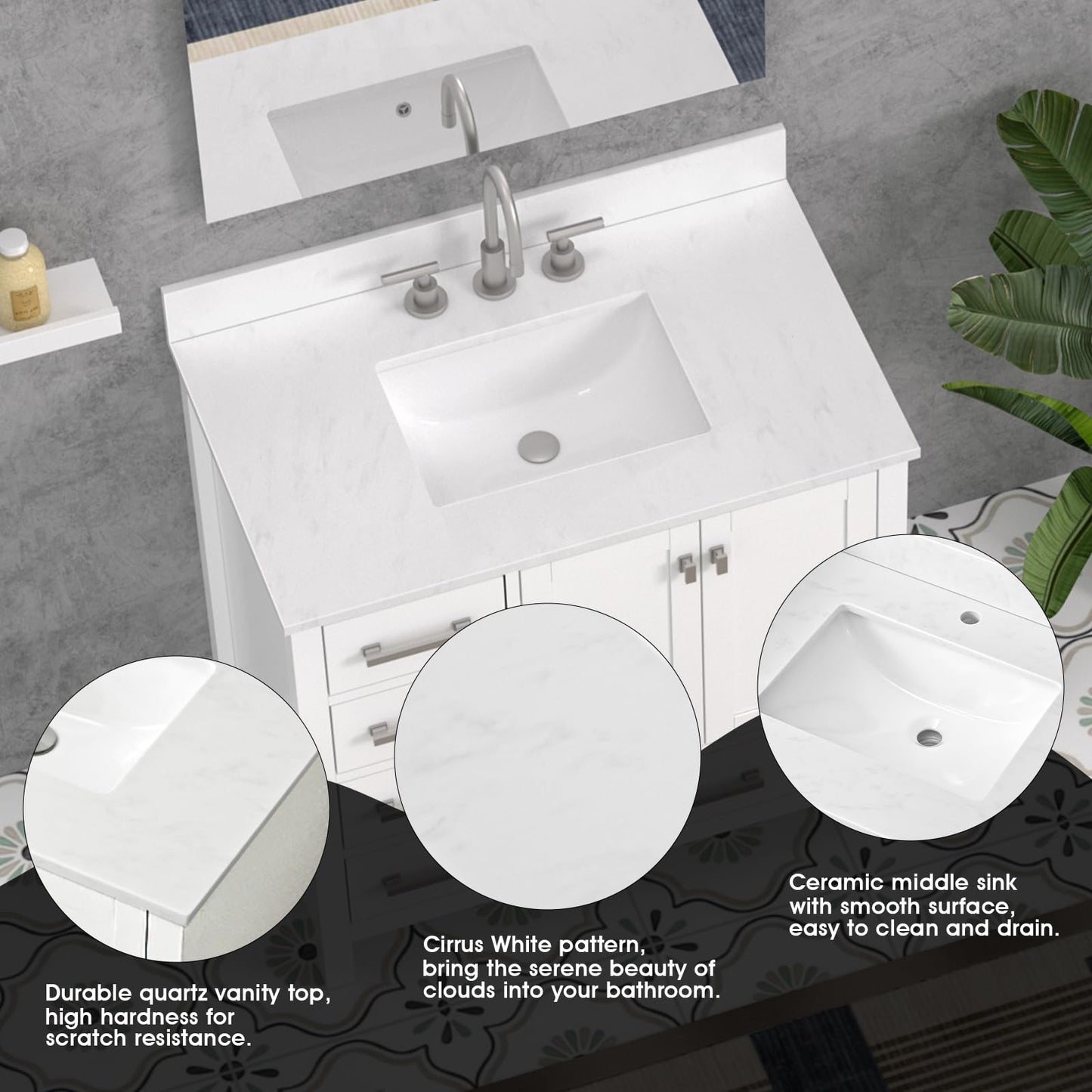 36"x22" Vanity Top with Sink, Quartz Bathroom Vanity Top with Rectangular Undermount Middle Ceramic Sink with 8 Inch Faucet Holes, Spread with One 4" Height Backsplash in Cirrus White