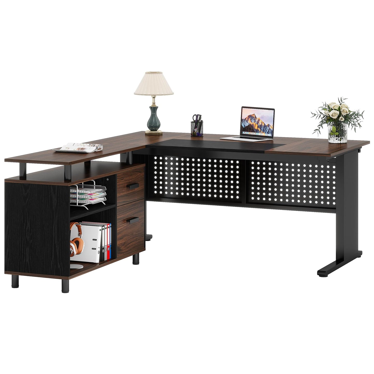 Tribesigns 63 Inch Executive Desk with File Cabinet, Large Office Desk L Shaped Computer Desk with Drawers and Storage Shelves, Business Furniture Desk for Home Office, Dark Walnut and Black
