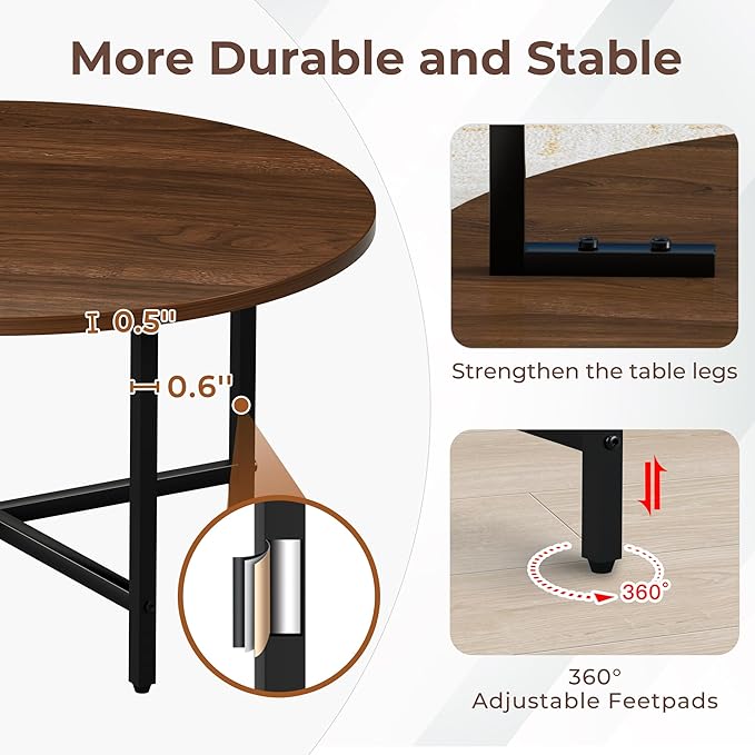 FAMIDGE Coffee Table, 23.6" Coffee Tables for Living Room, Round Coffee Table with Metal Frame, Floor Table for Sitting on The Floor, Home, Office, Dark Walnut