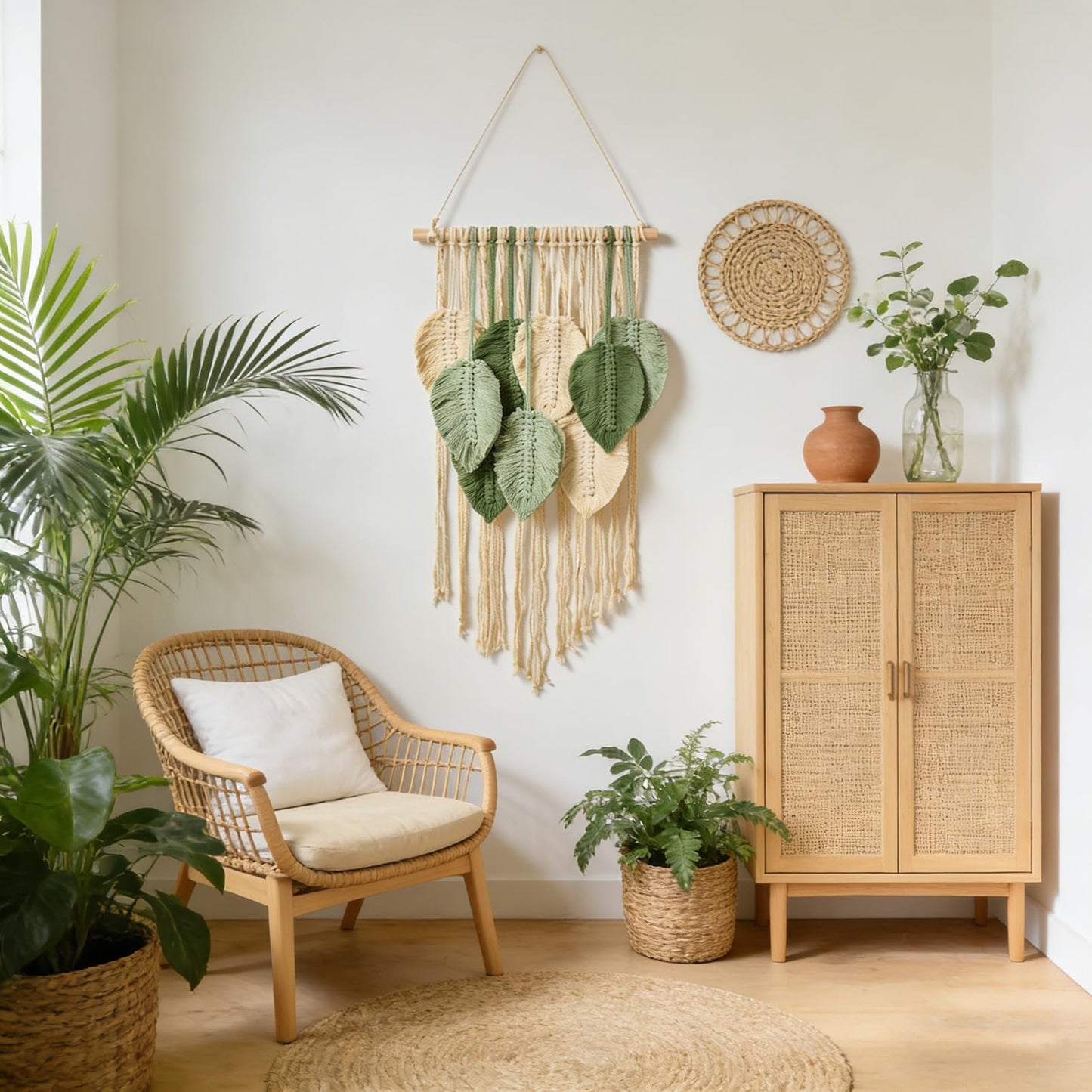 Macrame Wall Hanging Boho Wall Tapestry Handmade Woven Leaf Wall Decor Crochet Wall Art for Home Office Apartment (Green, 15.8" W X 31.5" L)