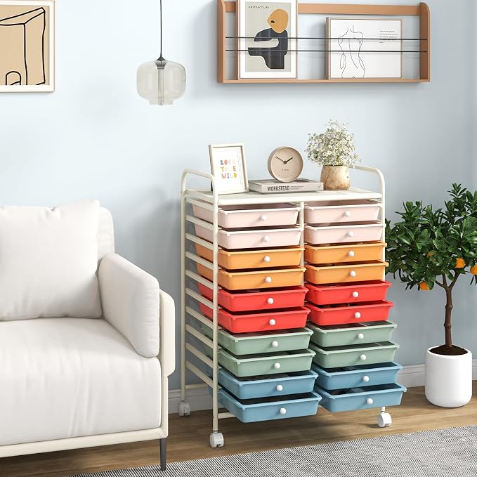 Giantex 20 Drawers Rolling Cart, Mobile Storage Drawer Cart, Classroom Organizer Cart for Office School Supplies Teacher Tools Scrapbook Paper Craft Small Printer, Utility Cart on Wheels, Macaron