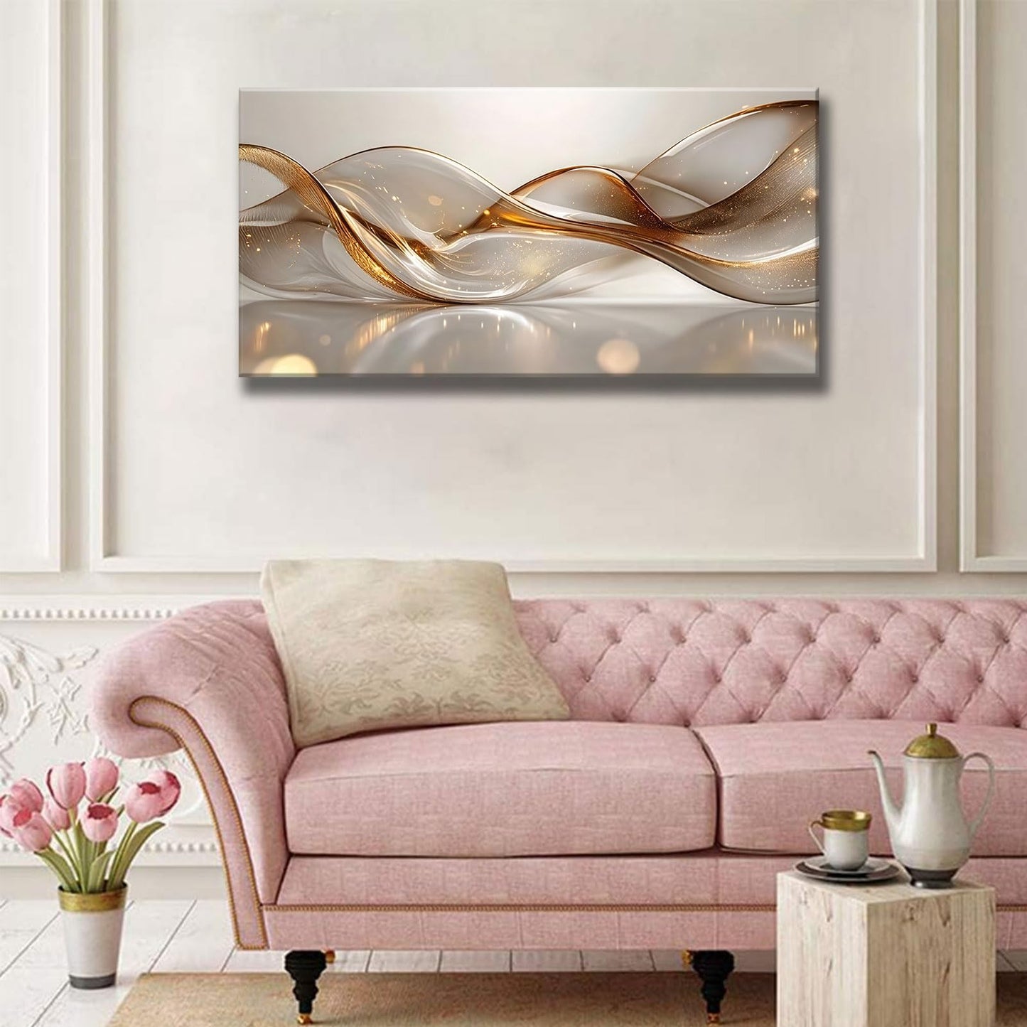Modern Large Living Room Canvas Wall Art Gold Abstract Lines Decor painting Pictures Transparent Wave Neutral Posters Prints for Bathroom Bedroom Office Hallway Home Decoration