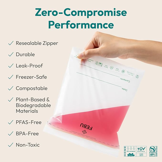 FEBU Gallon Compostable Food Storage Bags, 60 Count | Certified Home Compostable & Biodegradable | PFAS & BPA Free Zipper Bags | Leak-Proof & Resealable | 10.56” x 10.75”
