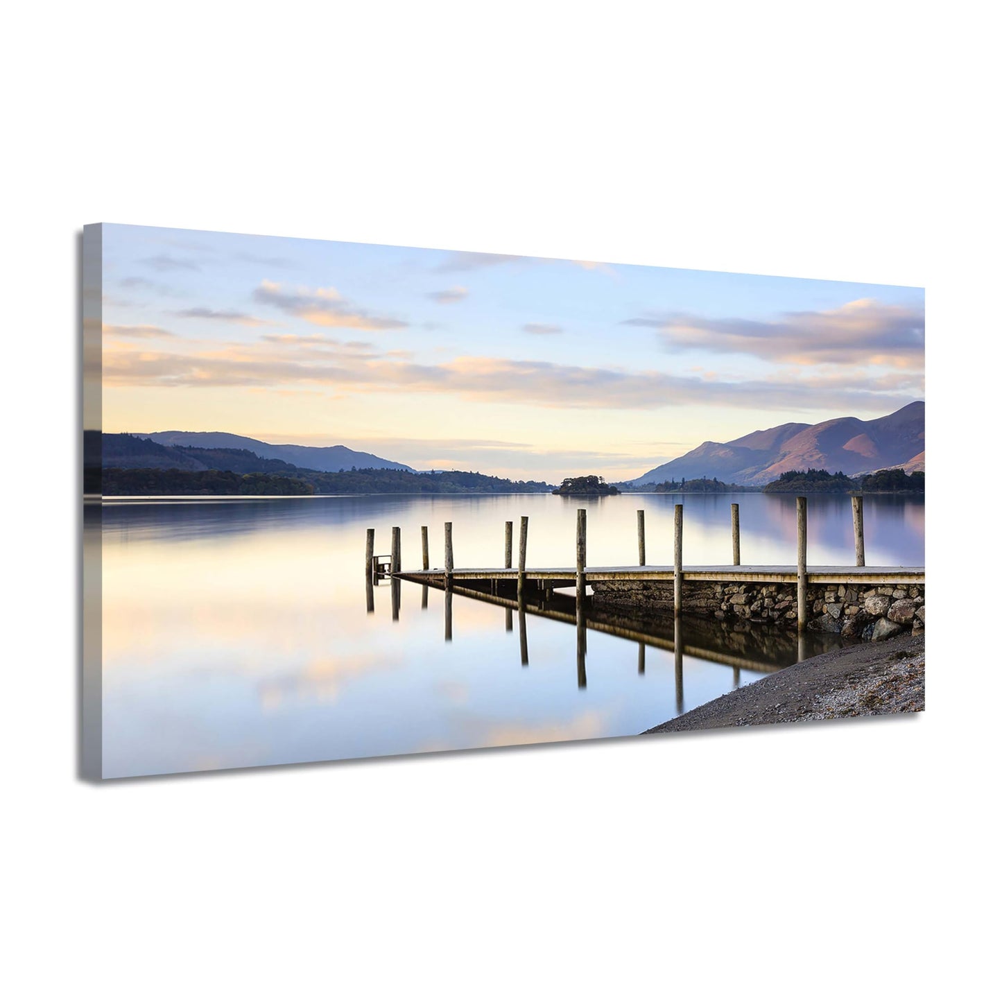 Sunset Lake Canvas Wall Art - Lakeside Dock Picture Pier Painting Nature Landscape Prints Scenery Artwork for Living Room Home Office