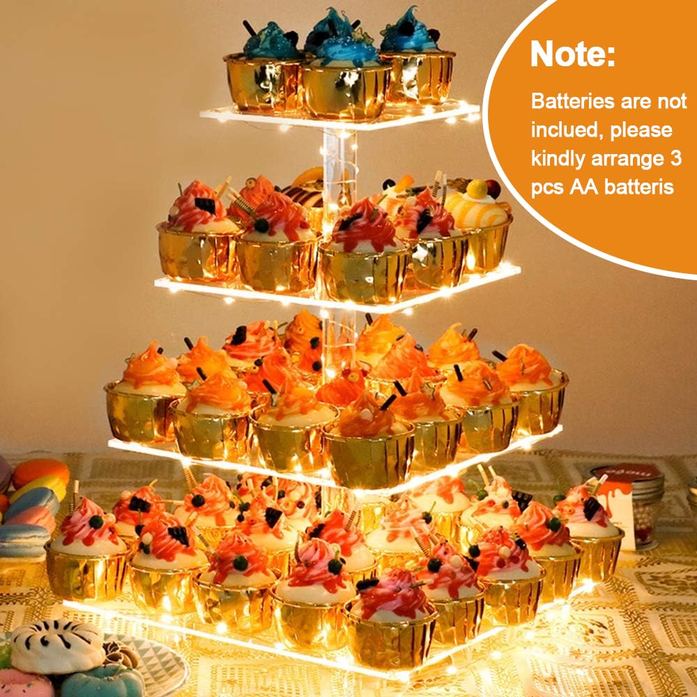 YestBuy Cupcake Stand with Yellow Led Lights, 4 Tier Cupcake Stand for 50 Cupcakes, Acrylic Cupcake Tower Stand, Clear Tiered Cupcake Holder for Birthday Cady Bar Décor Weddings, Parties Events