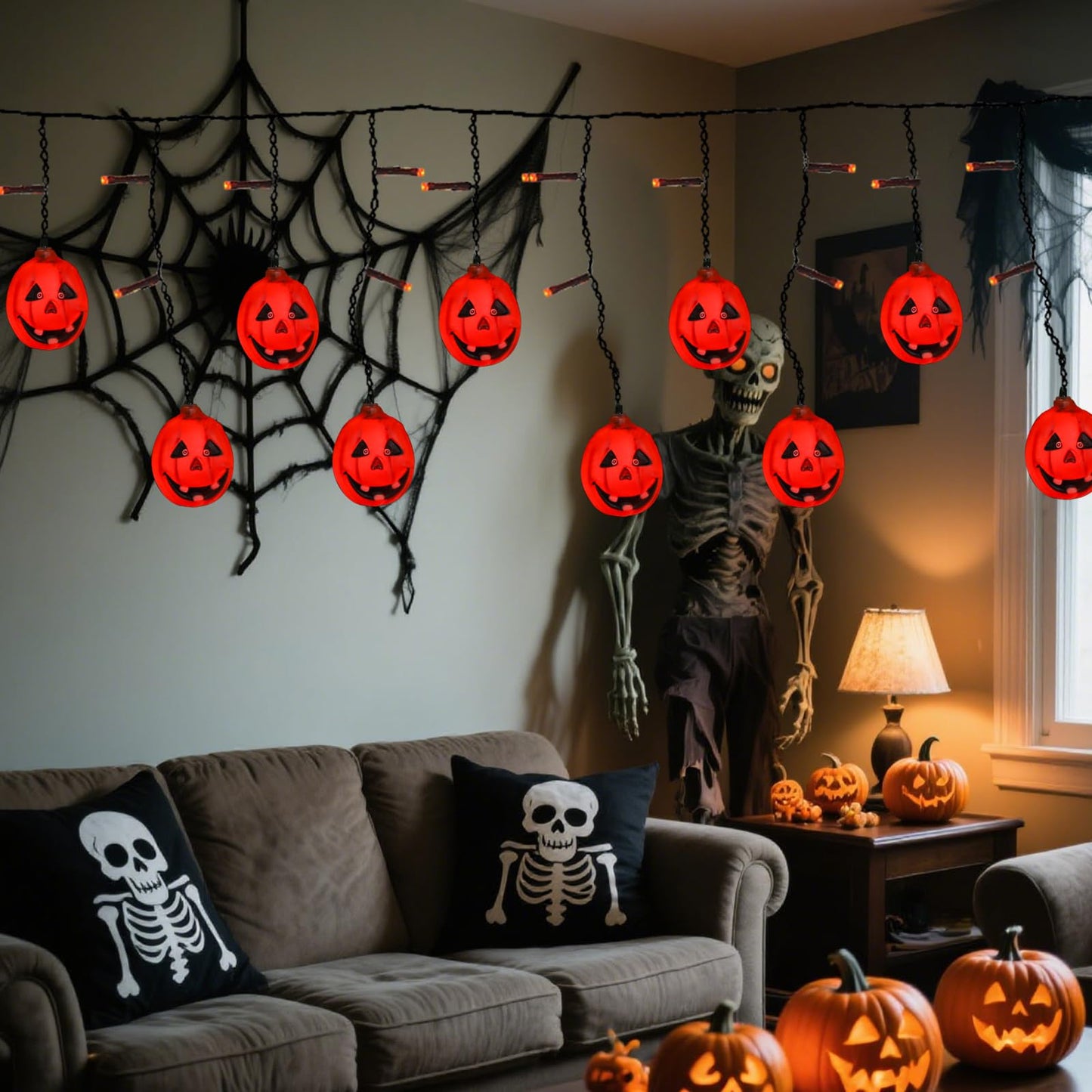 Taoushuleng 6FT 25LED Halloween Pumpkin String Lights, Icicle Light Strand with 10 Orange Jack O'Lantern, 8 Lighting Modes, Battery Operated, Indoor Outdoor Holiday Decoration