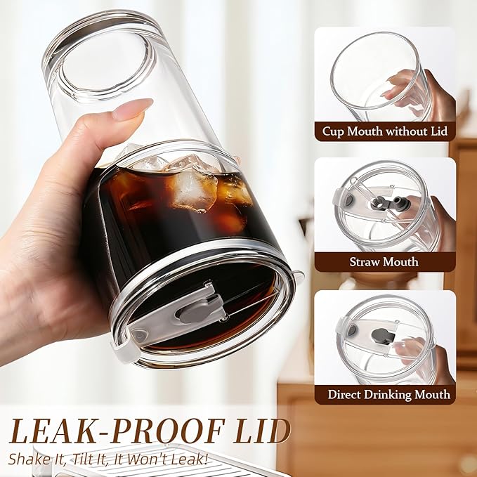 Iced Coffee Cups with Lids: Coffee Bar Accessories - Tumbler Leak Proof for To Go Iced Coffee Cups with Lids 4 Pack - 20 oz Glass Cups with Lids and Straws - Thickened Glass Tumbler with Straw and Lid