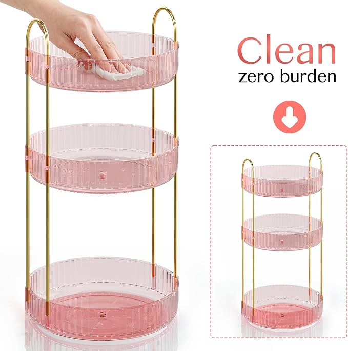 Rotating Makeup Organizer Countertop,Skincare Organizers,Spinning Perfume Tray Stand,Makeup Storage Organizer for Vanity,Bathroom Organizer and Storage,Lazy Susan,3 Tier,Pink