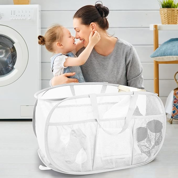 Collapsible Laundry Baskets, Upgrade Pop Up Laundry Hamper with Convenient Bags, Foldable Laundry Basket Mesh Light Weight, Easy to Carry Clothes Hampers for Laundry, Dorm, Toys, Travel 4 Pack
