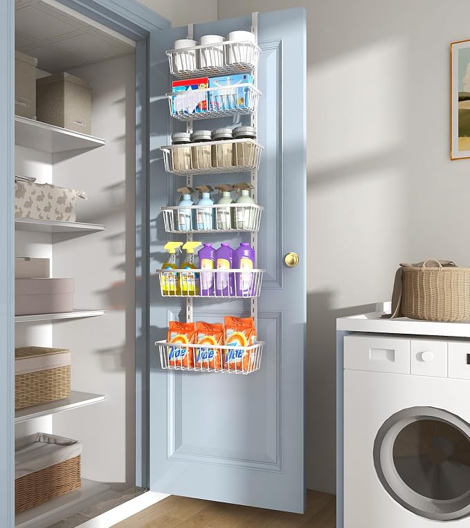 Mefirt 12 Inch Wide Narrow Over The Door Pantry Organizer, Pantry Organization and Storage, 6-Tier Metal Hanging Deep Basket Wall Spice Rack Seasoning Shelves, Home & Kitchen Essentials, White