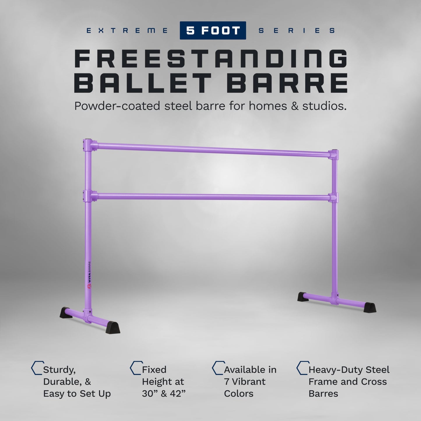 VITA Barre Portable Freestanding Double Ballet Barre, Extreme, 5 Ft Bars, Purple, Steel | Fixed Height, Made in USA, Home or Gym Exercise Equipment for Kids & Adults | Dance, Fitness, Pilates