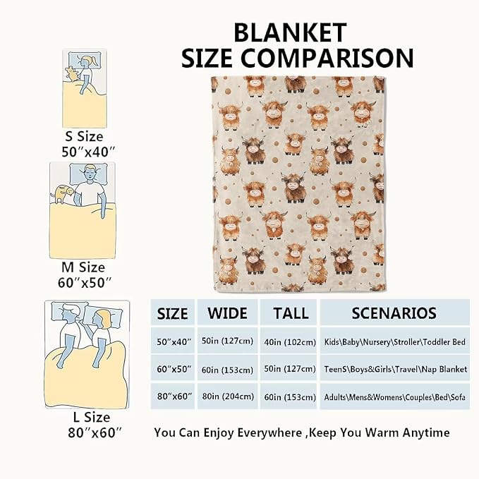Cute Highland Cow Blanket,Adorable Cartoon Farm Animal Throw Blankets,Gifts for Kids,Lightweight Soft Fleece,for Picnic Sofa Couch Bed Room Travel,Birthday Rustic Farmhouse Decor,50x60in