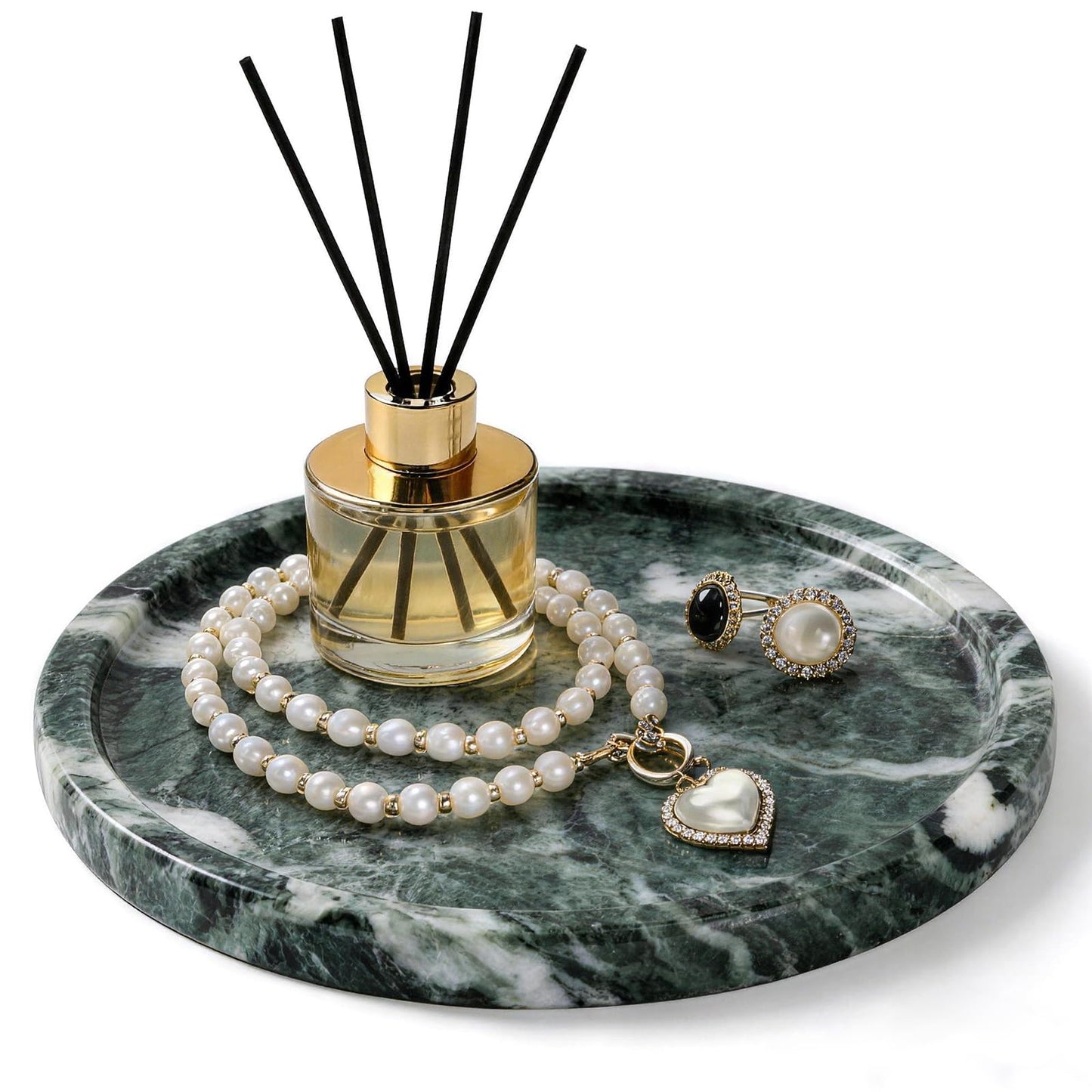 Woduelka Natural Round Marble Tray - 7.8" Marble Vanity Tray for Dresser, Bathroom, Decorative Jewelry Dish for Perfumes Rings Earrings Necklaces, Stone Tray for Home Décor, Green