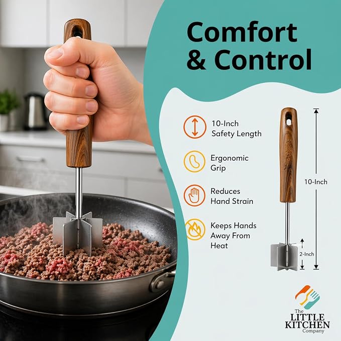 Large Stainless Steel Meat Chopper, Masher & Cocktail Muddler | Dishwasher Safe | 6-Blade Chopper Tool | Oversized Ergonomic Handle | Heat Resistant Grip (Walnut Wood Veneer 10")