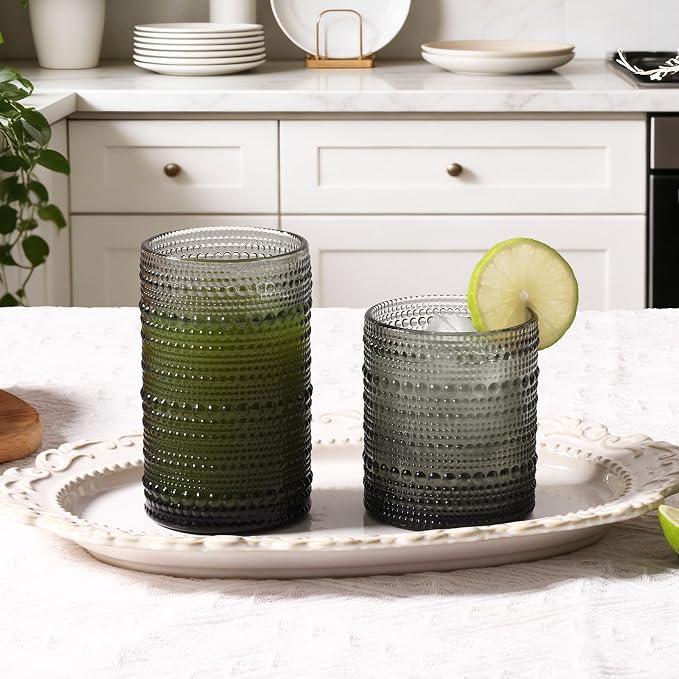 Moretoes Hobnail Drinking Glasses Set of 6, 12 Oz Highball Glasses & 10 Oz Cocktail Glasses, Clear Embossed Boho Glass Cups Kitchen Bar Tumbler Glassware Set for Whiskey, Beer, Juice, Milk (Gray)