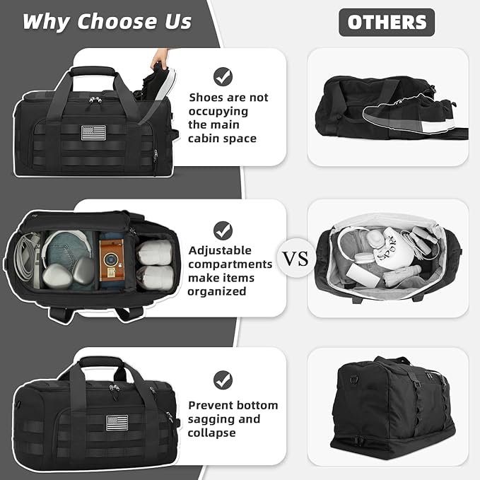 ZOMFELT Tactical Gym Bags for Men, 52L Travel Duffle Bag with Removable Dividers & Innovative Shoe Compartment, 3-in-1 Waterproof MOLLE Gym Duffel Backpack, Airplane Carry-On Approved, Black