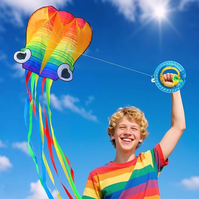 Xida Octopus Kite for Kids Ages 4-8, Professional Kites for Beginners and Adults, Easy to Fly Beach Kites for Boys and Girls, Long Colorful Tail with 200ft Line, Large Kite for Outdoor Family Games