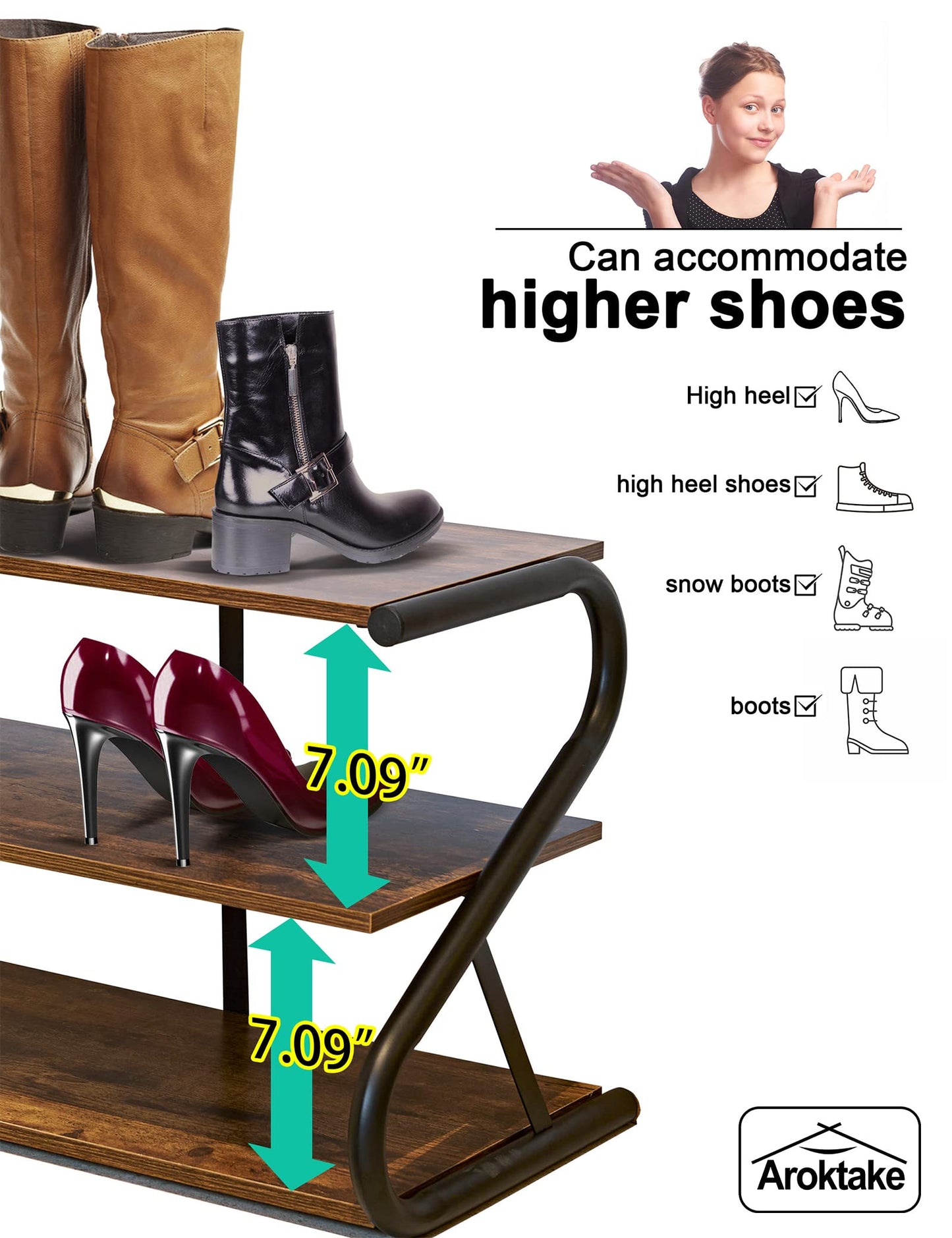 Aroktake 3-Tier Shoe Rack, Wooden Shoe Storage with S Shape Heavy Duty Metal Free Standing, Shoe Organizer Shelf for Entryway, Living Room, Closet, Bedroom (Rustic)