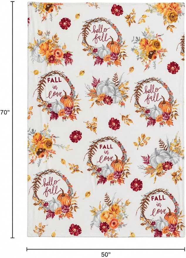 Serafina Home Fall Fleece Throw Blanket: Soft Harvest Hello Fall Pumpkin Floral Design, Autumn Colors on White, 70" x 50"