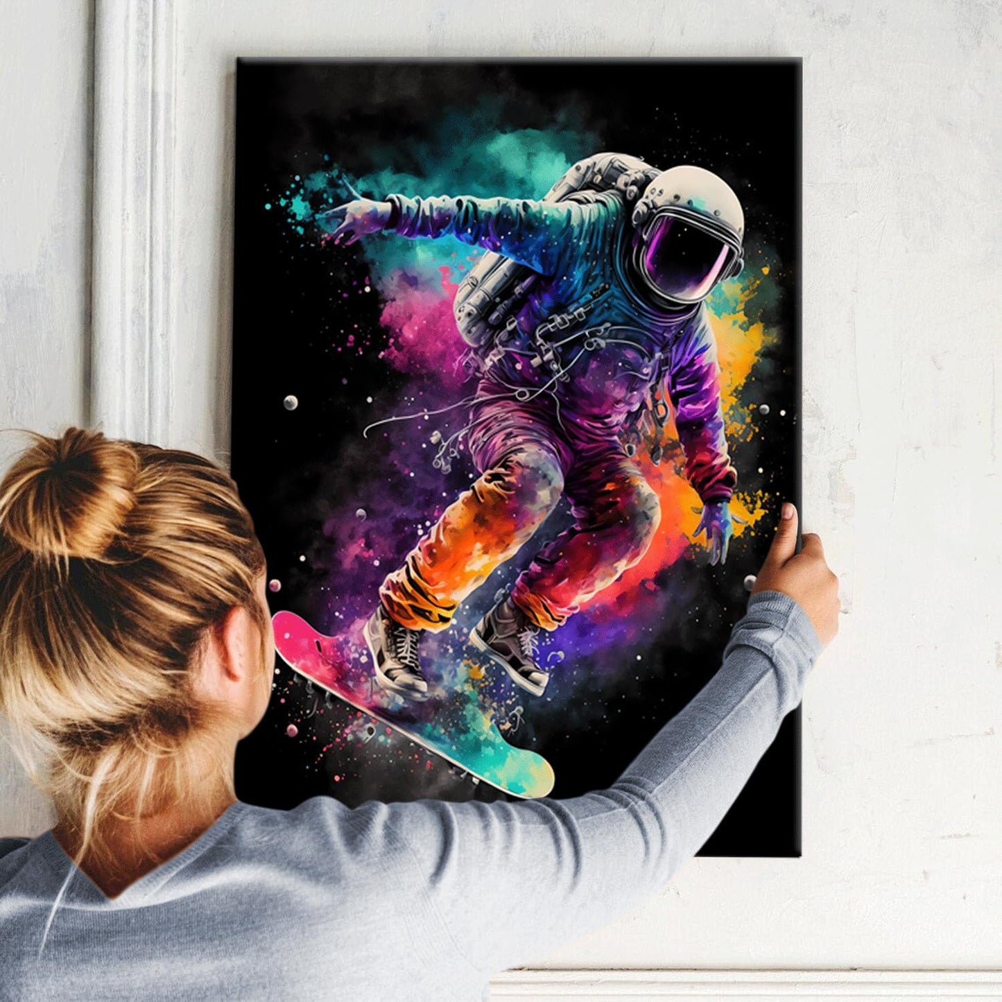 Framed Astronaut Wall Art Space Pop Culture Graffiti Street Art Painting Pictures Wall Decor Canvas Prints Modern Gifts For Man Artwork Space Boys Room Home Decor For Bedroom Living Room Office