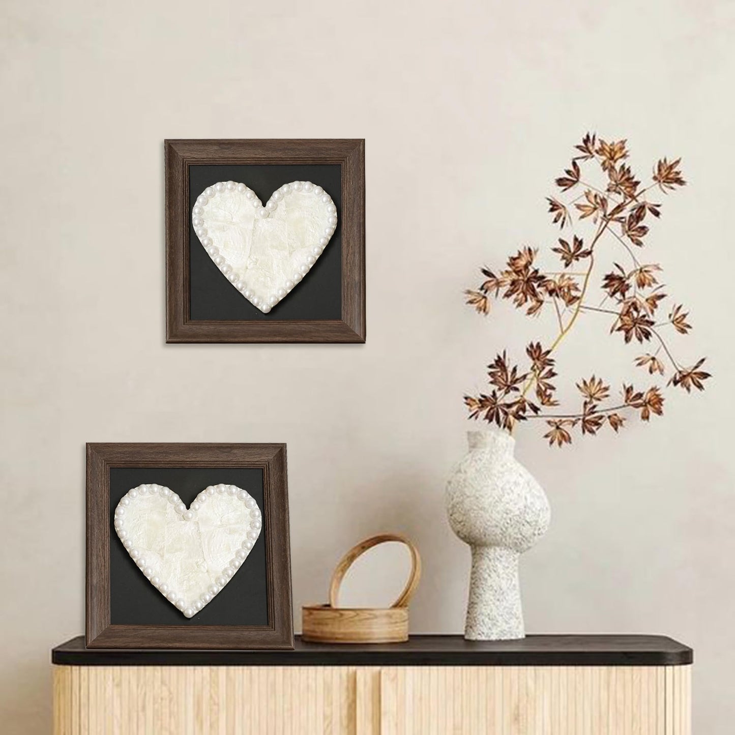 Handcrafted Heart-Shaped Seashell Wall Art with Pearl Border – Decorative Romantic Framed Shell Heart for Home, Wedding, and Gift