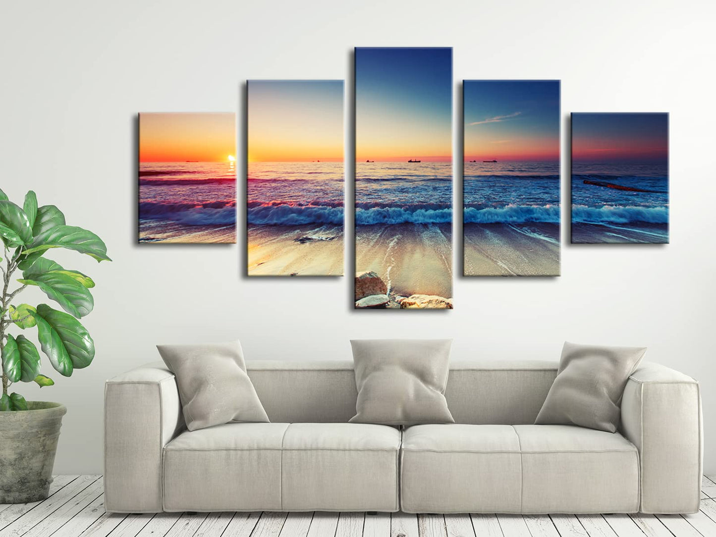 Pyradecor 5 Piece Large Modern Seascape Artwork Gallery Wrapped Ocean Sea Beach Pictures Canvas Prints Waves Paintings on Canvas Wall Art for Living Room Bedroom Home Decorations L