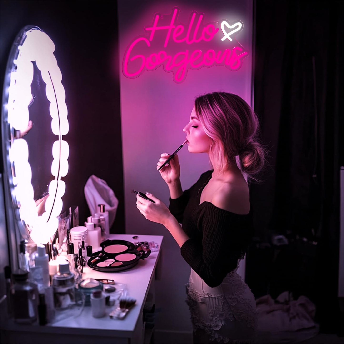 Hello Gorgeous Neon Signs Hello Beautiful Pink LED Neon Lights Dimmable LED Light Sign for Home Wedding Birthday Backdrop Bacelorette Party Decoration, Pink