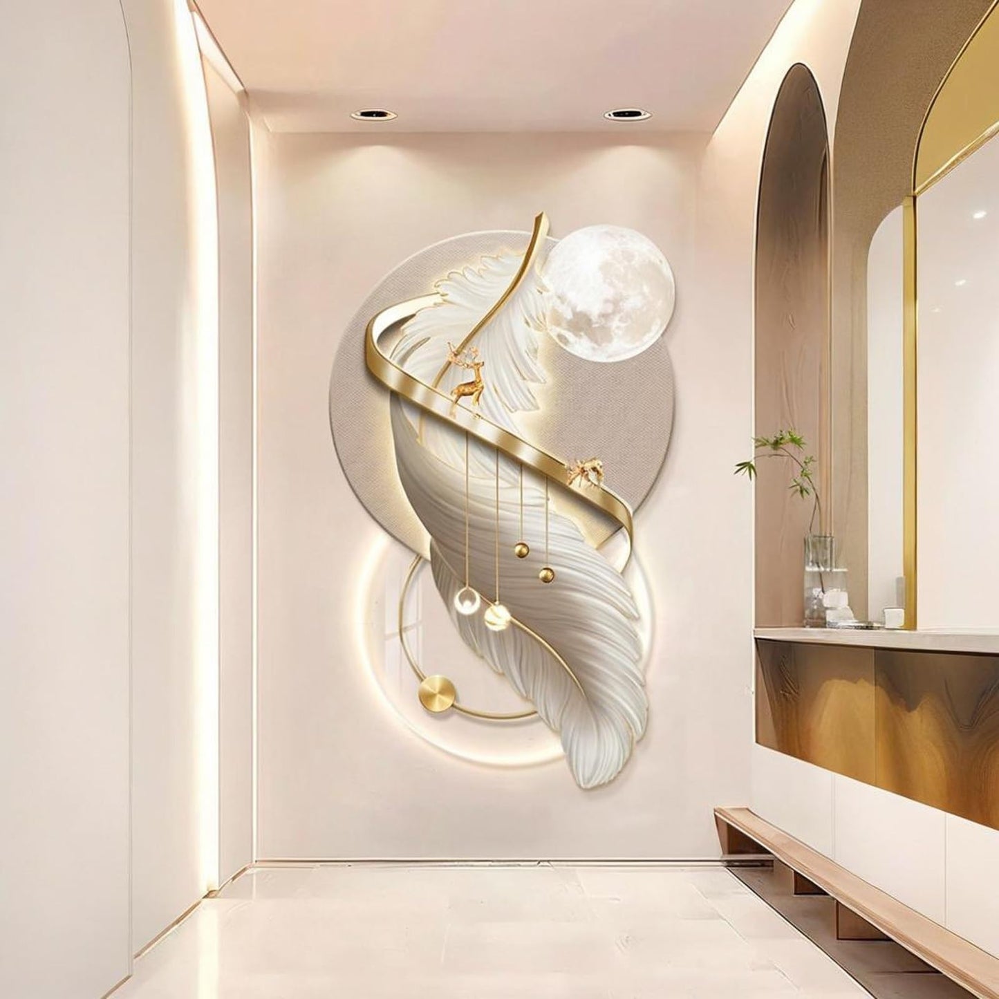 WNYAILLL 3D Wall Decoration Painting, Vertical Hanging Paintings, Modern Luxury Decorative, Wall LED Decor Light for Hotle Lobby Livingroom Bedroom, Plug-in Power Supply(Gold A,80x48CM/31.5 * 18.9in)