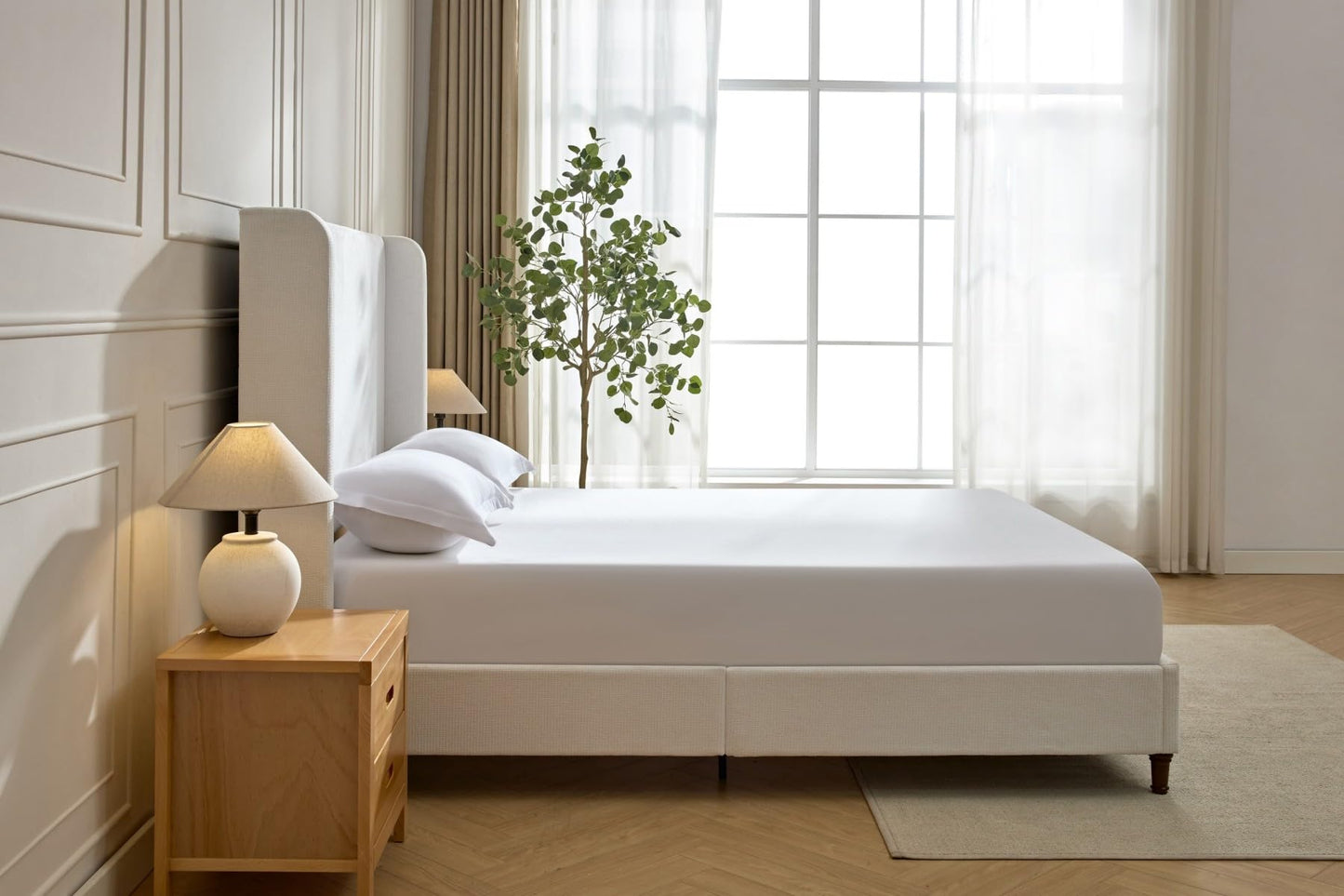 KEIKI Chenille California King Size Bed Frame, 54" Tall Headboard Upholstered Platform BedFrame with Wingback, Elegant Simplicity, No Box Spring Needed, Solid Oak Wood Feet, Cream White