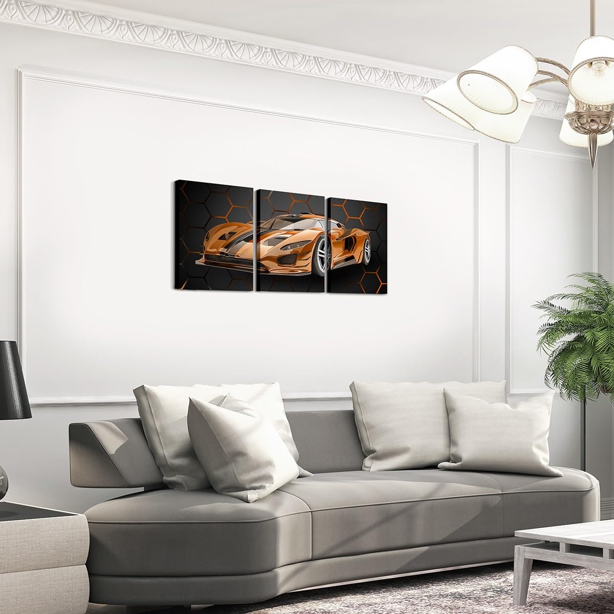 Feelyou Race Car Canvas Wall Art Honeycomb Speed Sports Car Office Wall Artwork Posters Orange Extreme Sports Bathroom Wall Art for Home Decor 12"x16" 3 Piece Hexagon Theme Wall Painting