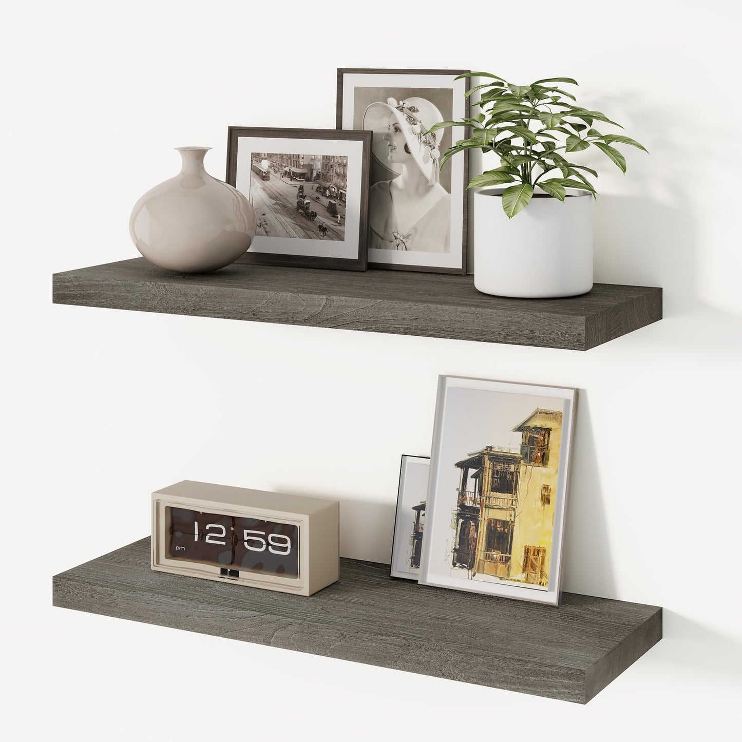 Vivelove Elm Floating Shelves for Wall Solid Wood, 24 Inches Long Rustic Wall Shelf with Invisible Bracket for Living Room Bedroom Bathroom Office Book, Farmhouse Wall Display Shelf, Set of 2 - Grey