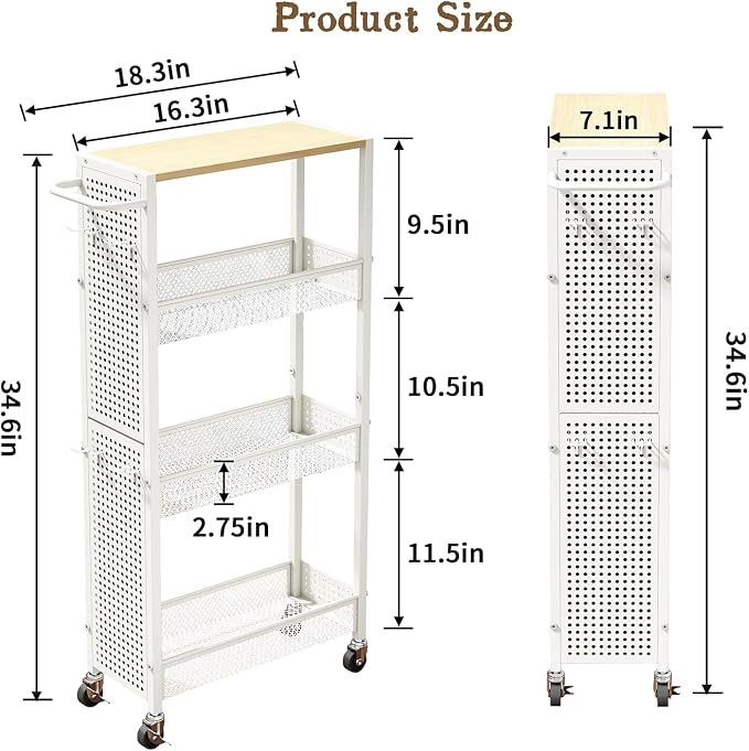 Utility Slim Storage Cart 4 Tier Small Rolling Kitchen Laundry Room Organization Cart with Wood Top Metal Narrow Laundry Room Shelves Cabinet Unit Laundry Organizer Trolley with Handle for Small space